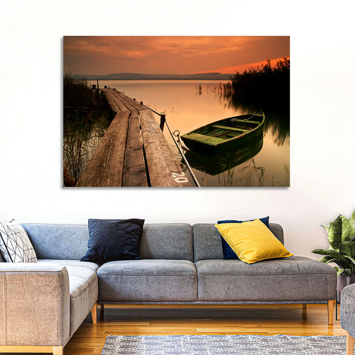 Pier and Rowboat on Lake Balaton Wall Art in a room, landscape