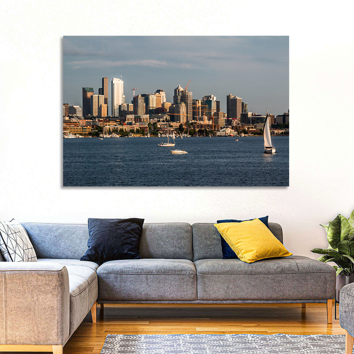 Seattle Skyline at Golden Hour Wall Art in a room, landscape