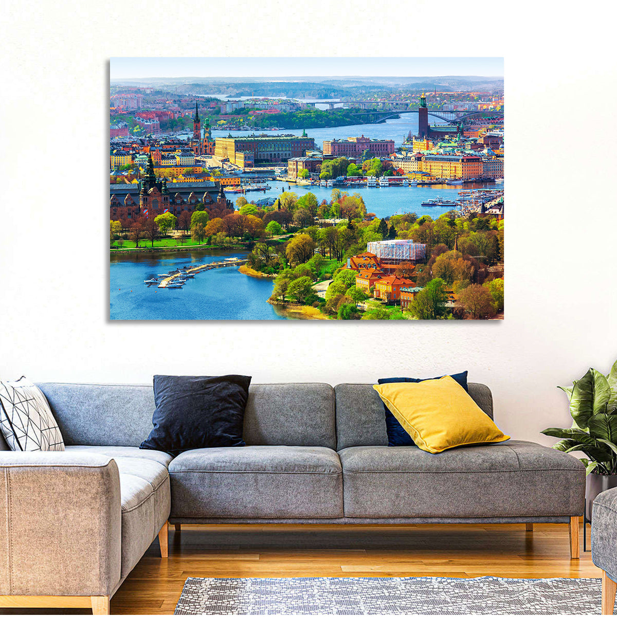 Gamla Stan Waterfront Wall Art in a room, landscape