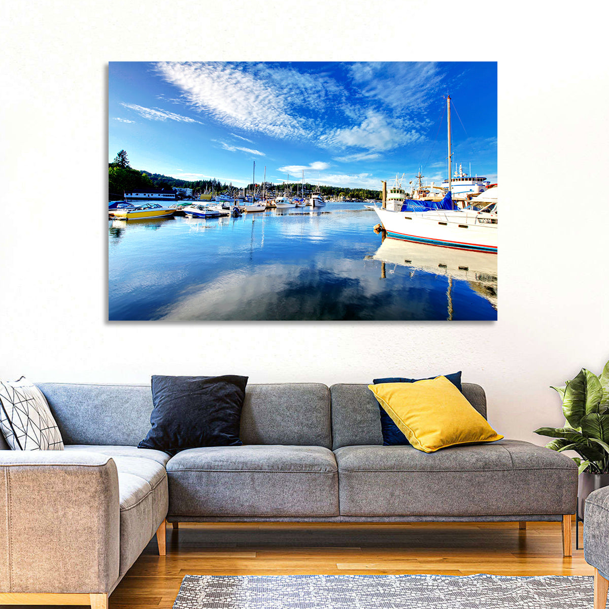Tacoma Marina Reflections Wall Art in a room, landscape