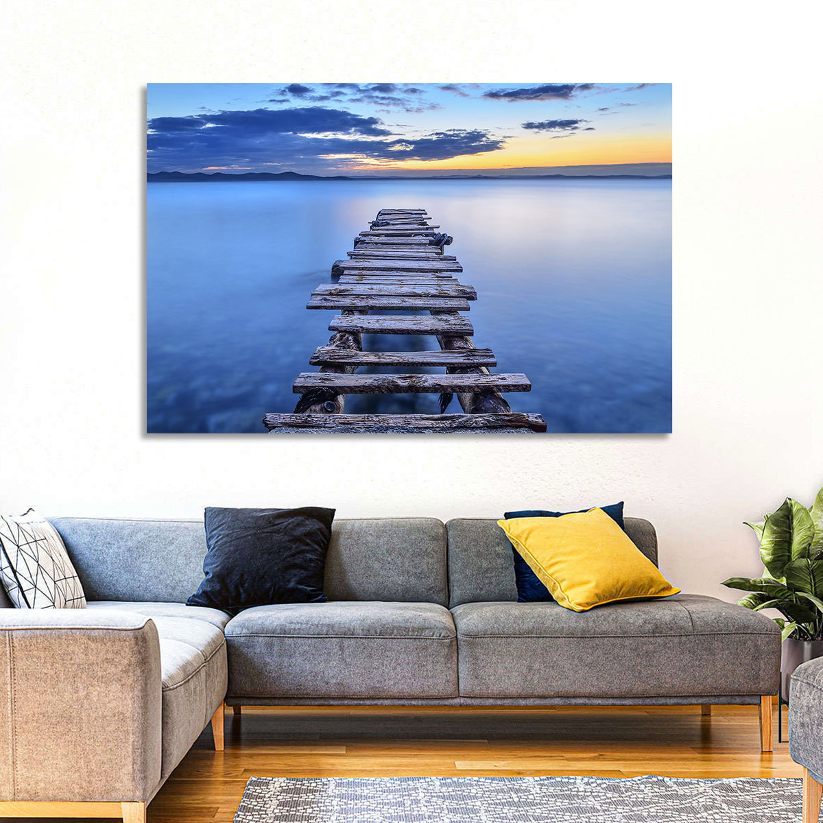 Weathered Lake Pier at Dusk Wall Art in a room, landscape