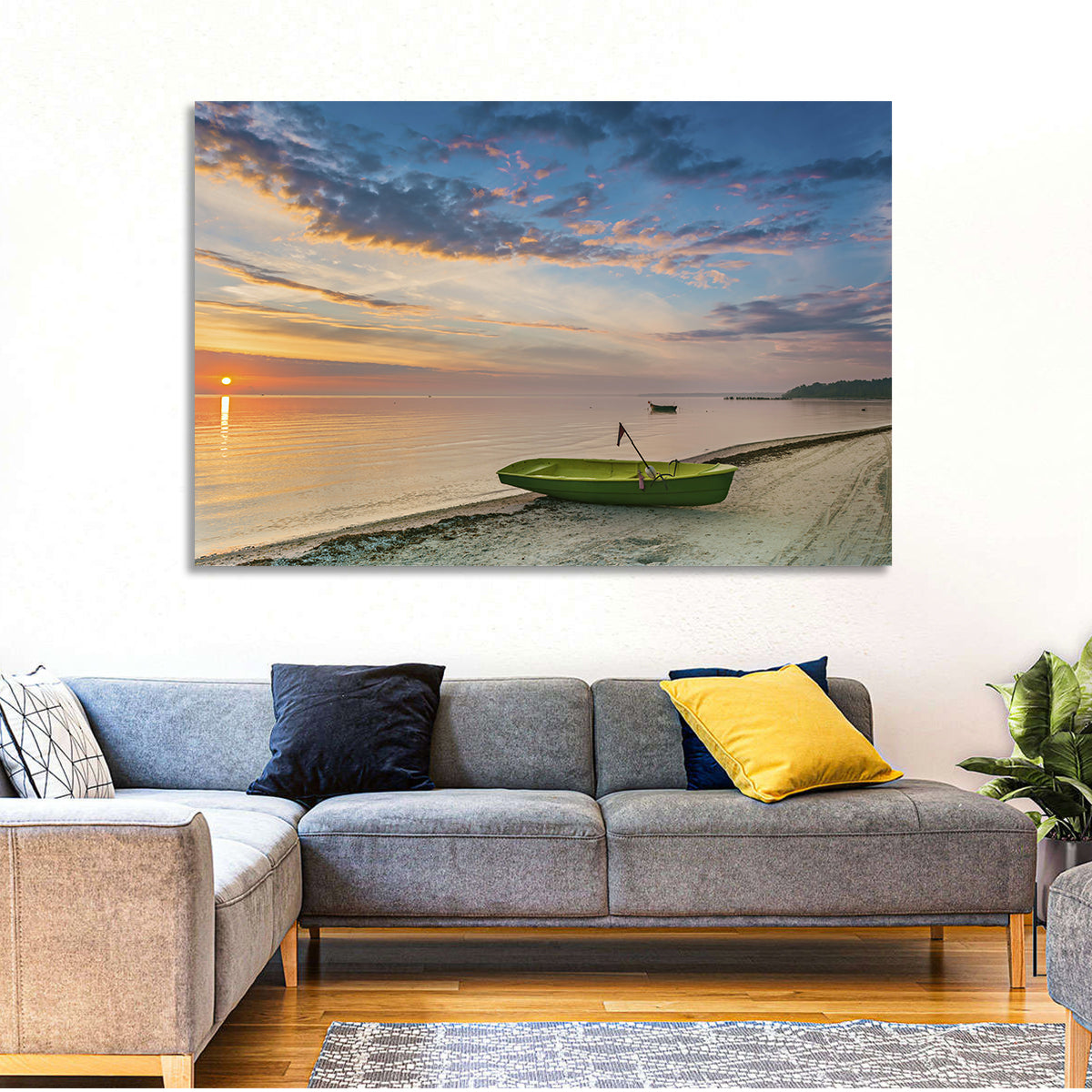 Green Rowboat at Sunrise Wall Art in a room, landscape