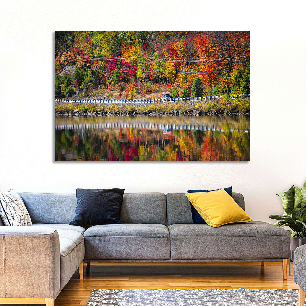 Algonquin Highway 60 Autumn Reflection Wall Art in a room, landscape