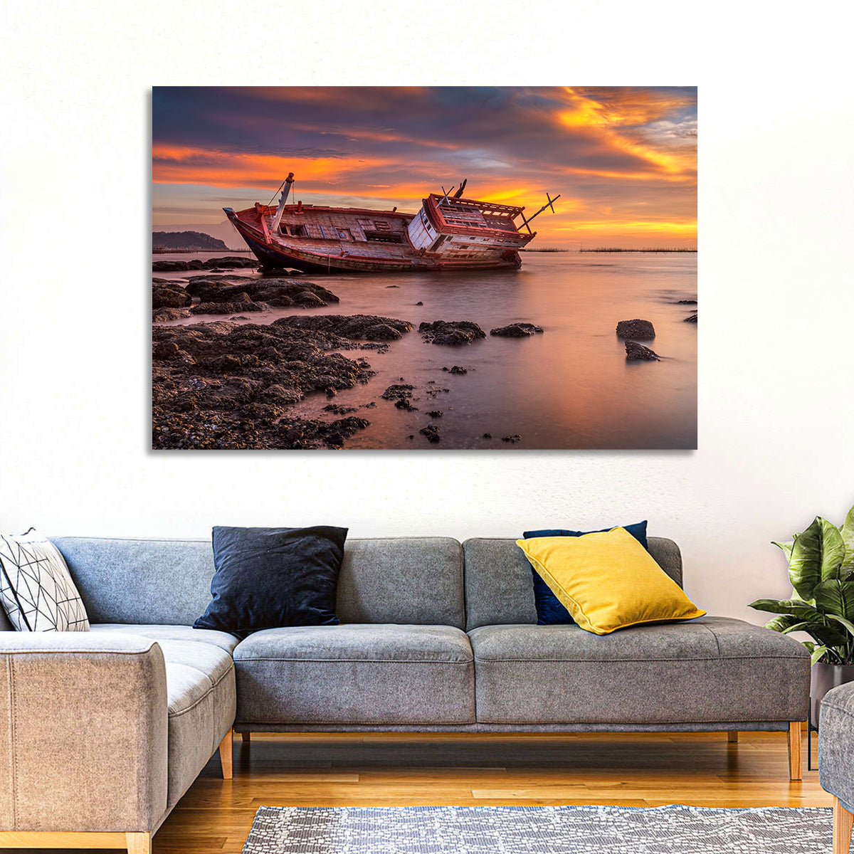 Shipwreck at Sunset Wall Art in a room, landscape