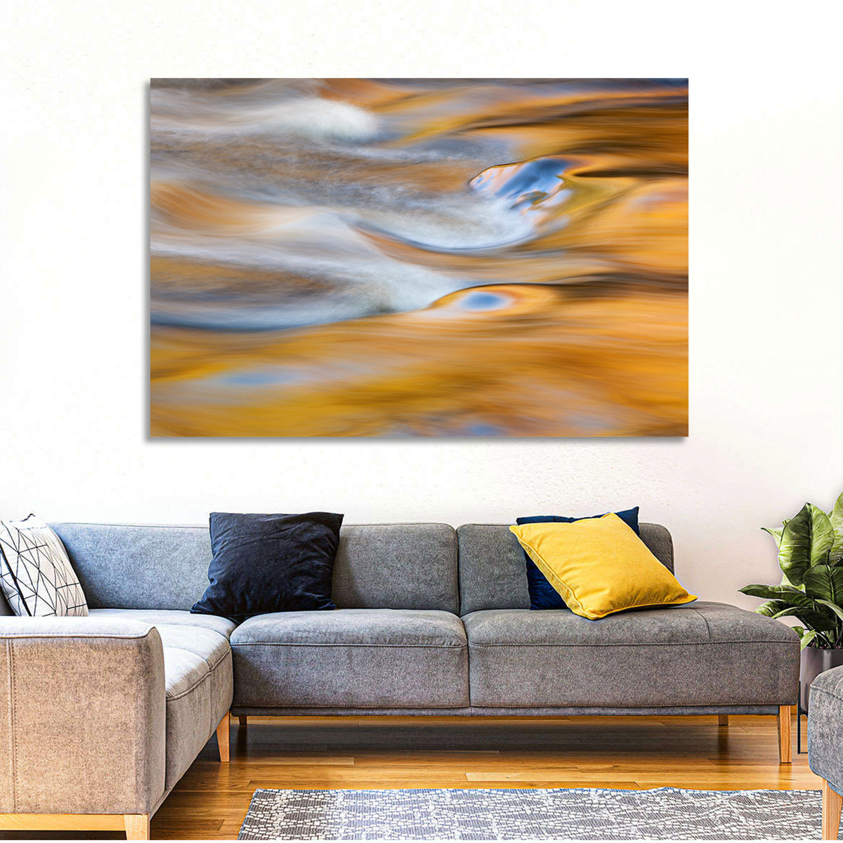 Golden Water Abstraction Wall Art in a room, landscape