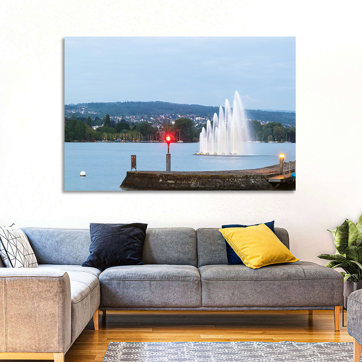 Lake Zurich Fountain at Dusk Wall Art in a room, landscape