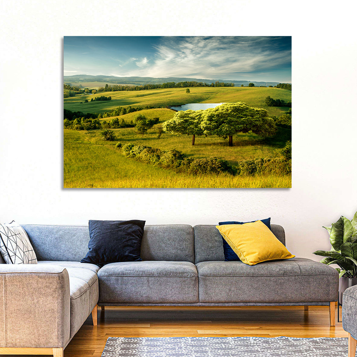 Rolling Hills with Pond Wall Art in a room, landscape