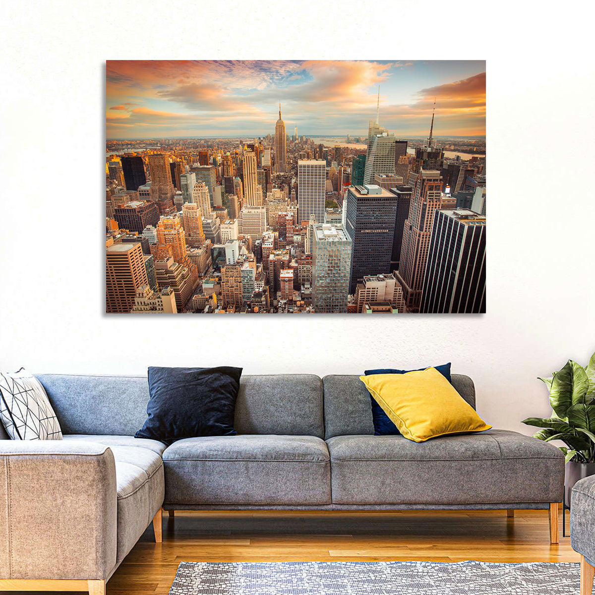 Midtown Manhattan Skyline at Sunset Wall Art in a room, landscape