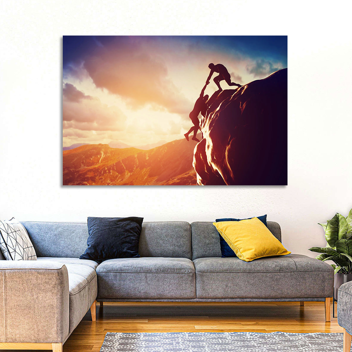 Two Hikers Summit Assist at Sunset Wall Art in a room, landscape
