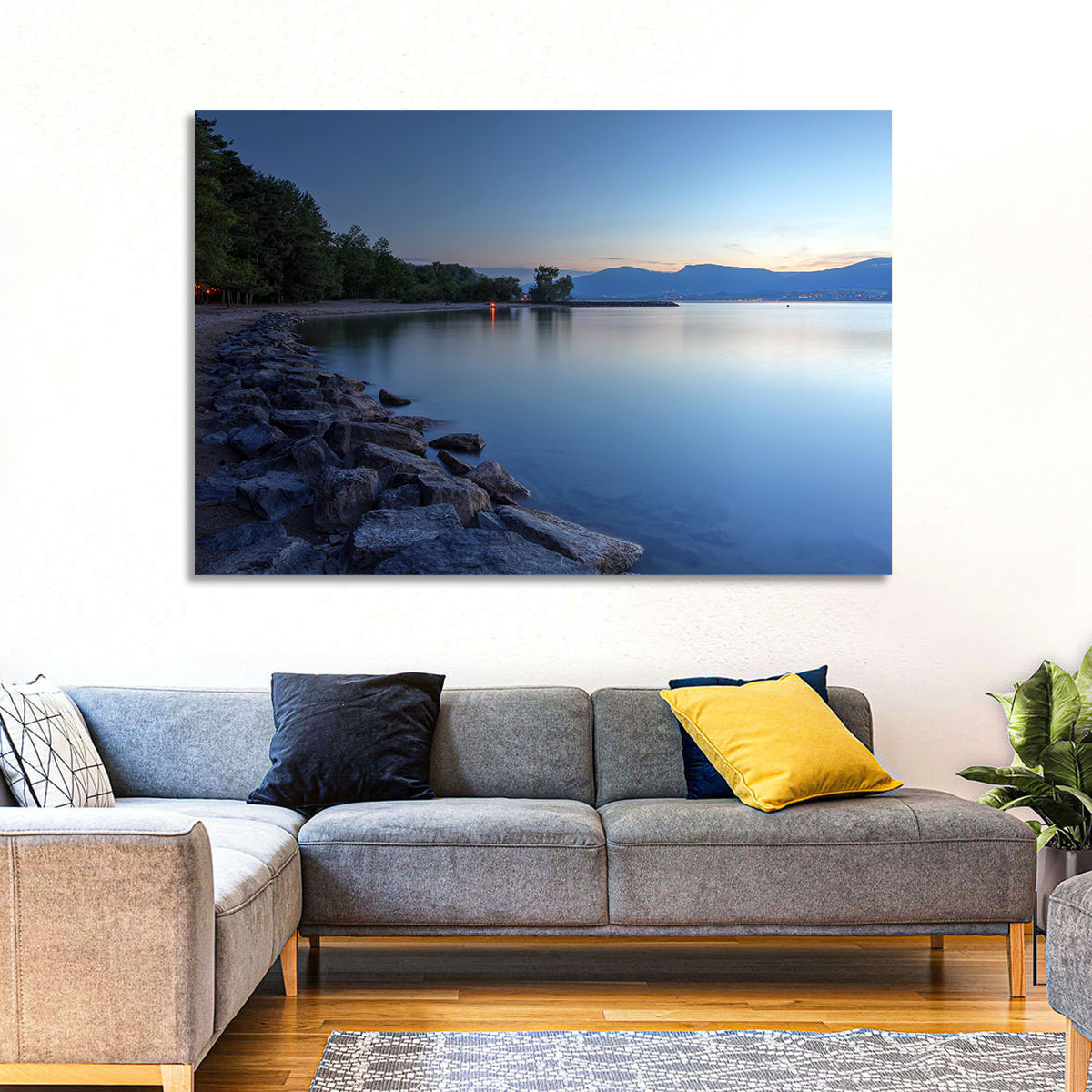 Lake Neuchatel Twilight Wall Art in a room, landscape