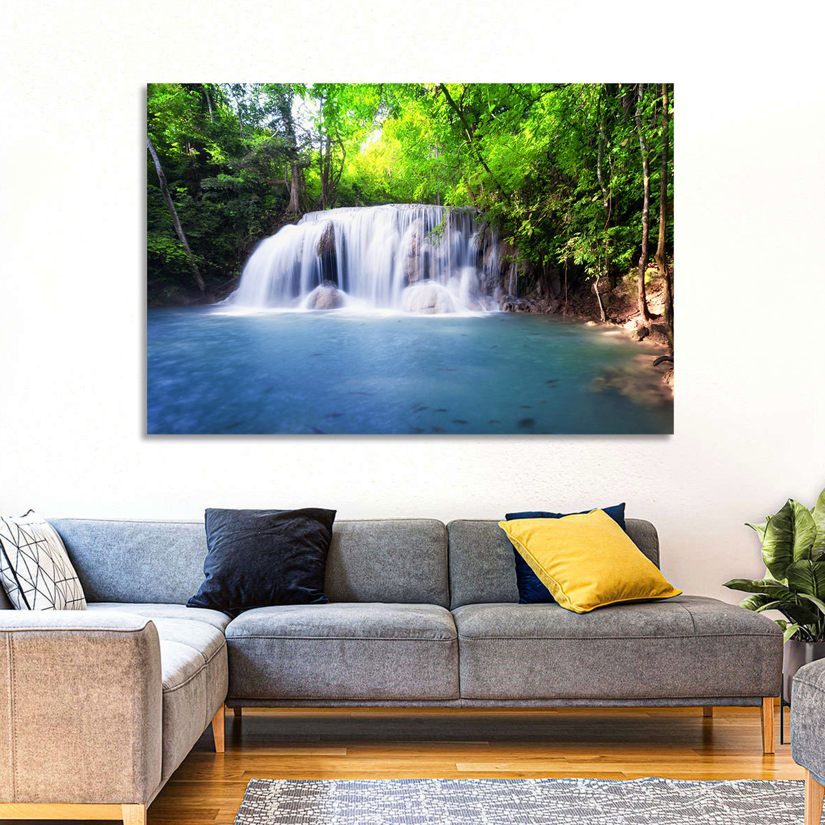 Erawan Waterfall Emerald Pool Wall Art in a room, landscape