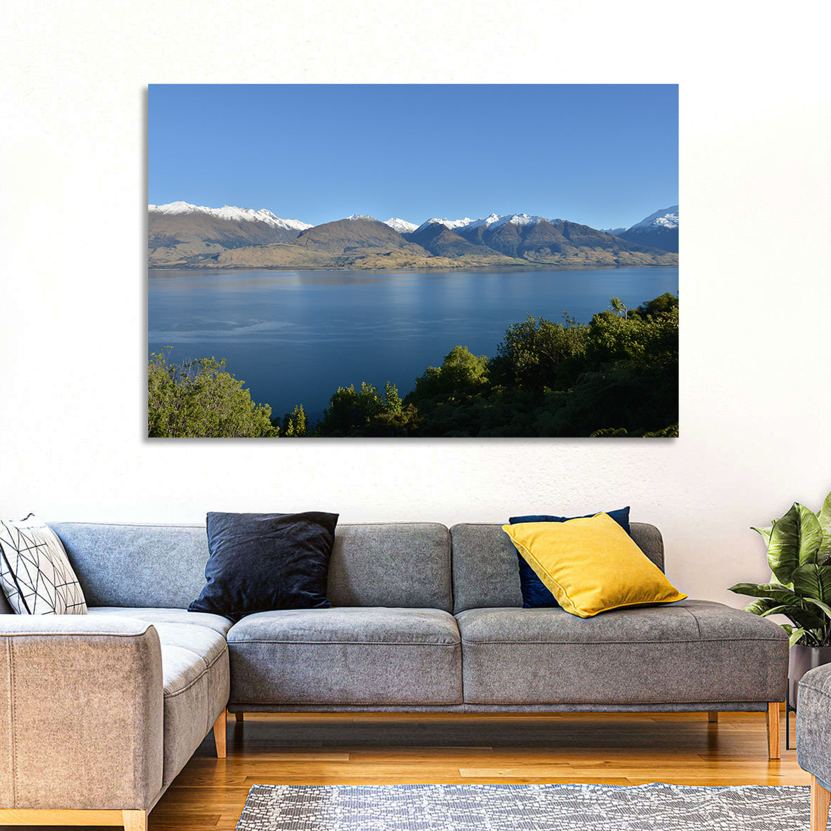 Wanaka Lake Reflection Wall Art in a room, landscape