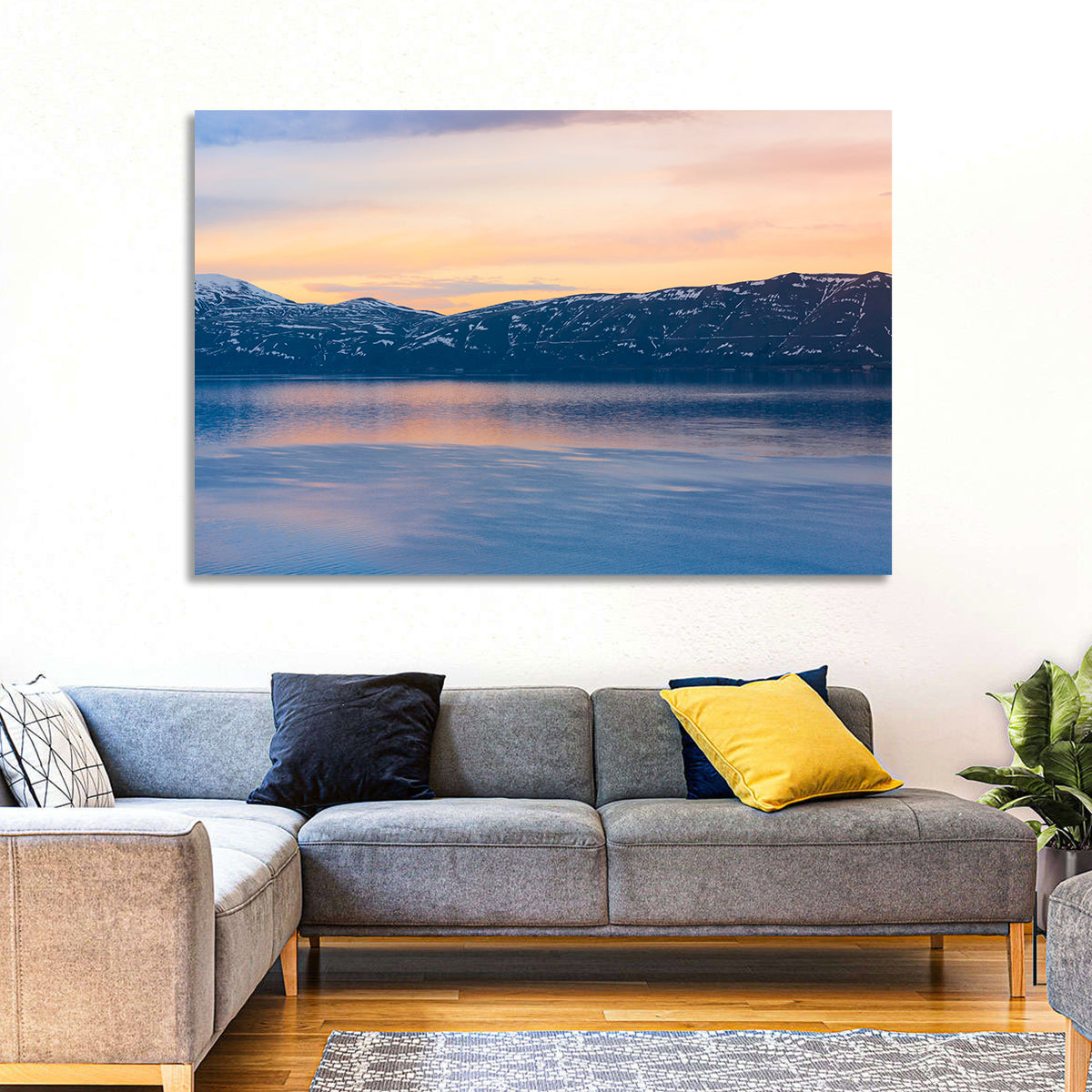 Lake Sevan Evening Reflection Wall Art in a room, landscape