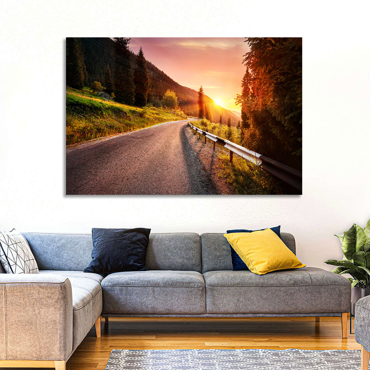 Golden Hour Mountain Road Wall Art in a room, landscape