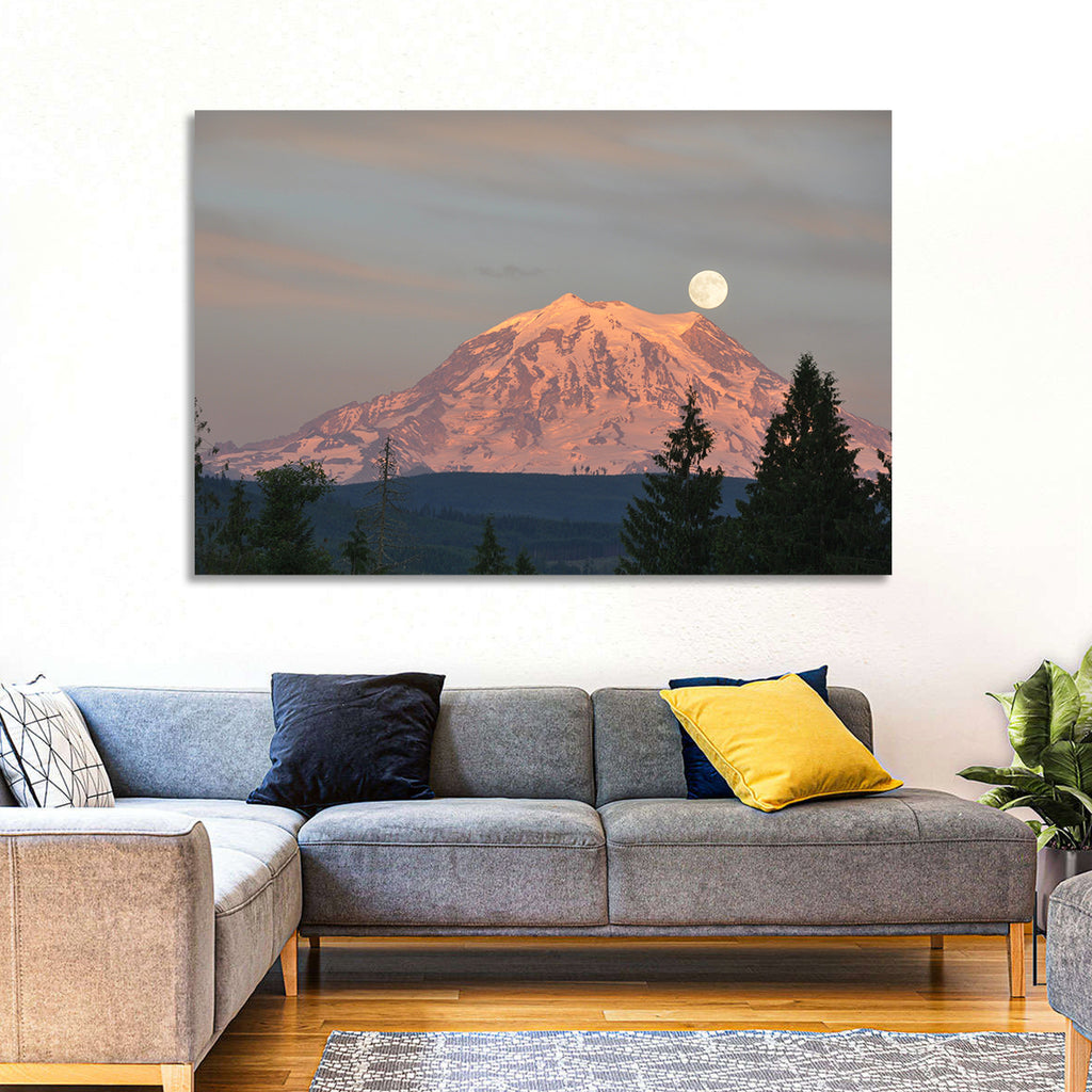 Mount Rainier Alpenglow with Full Moon Wall Art