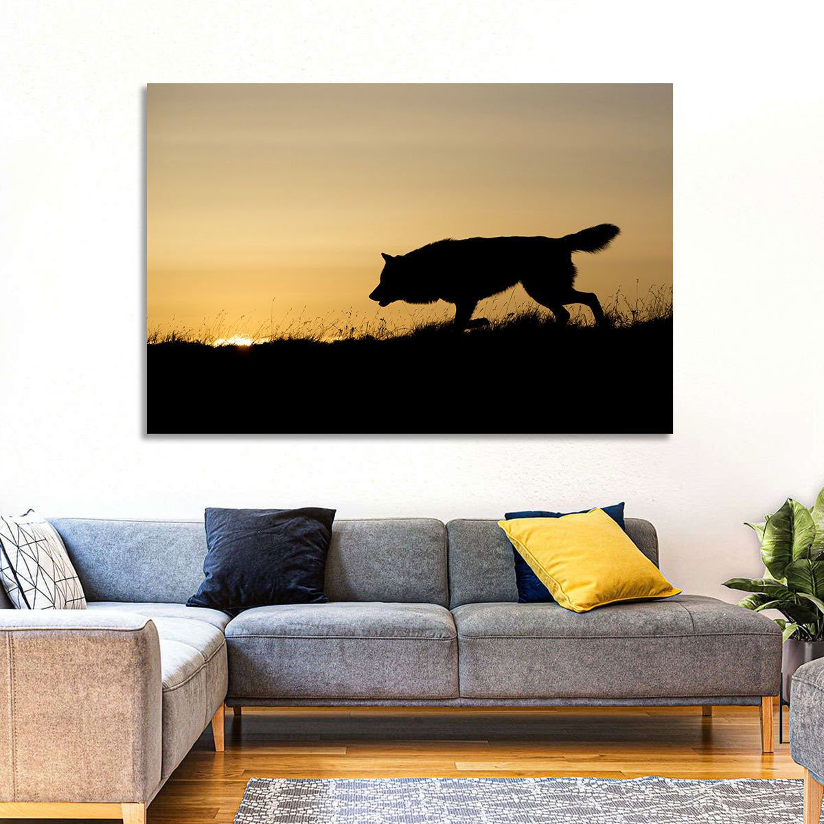 Wolf at Golden Horizon Wall Art in a room, landscape