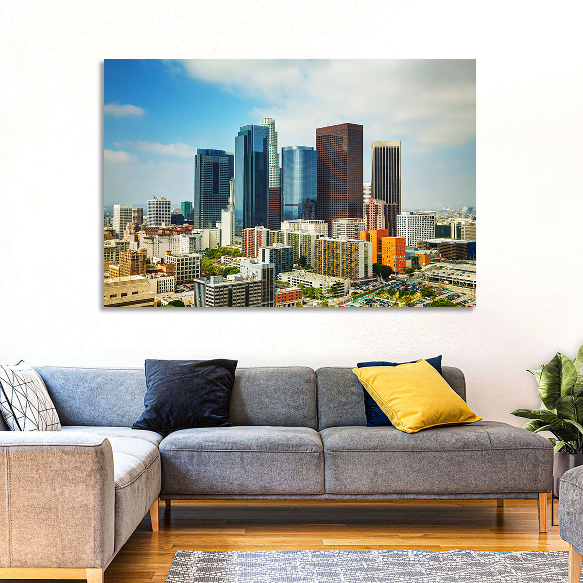 Downtown Los Angeles Skyline Cityscape Wall Art in a room, landscape