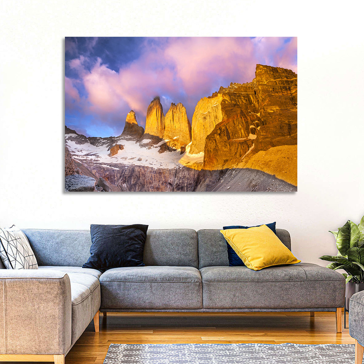 Torres Del Paine Alpenglow Wall Art in a room, landscape