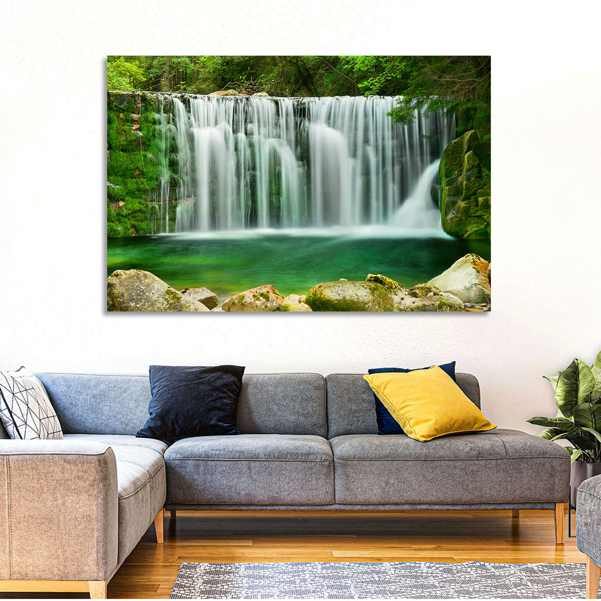 Emerald Lake Waterfall Wall Art in a room, landscape