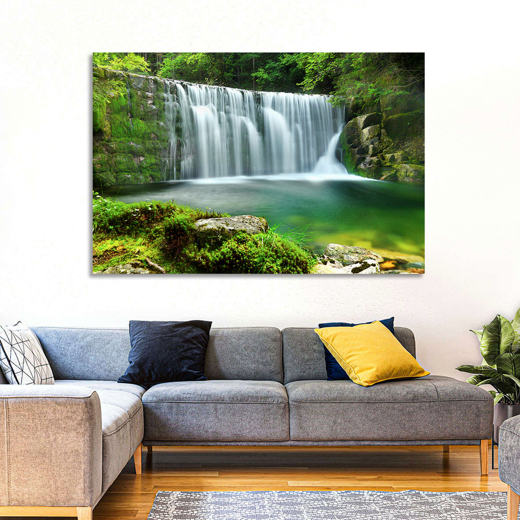 Emerald Forest Waterfall with Mossy Stones Wall Art