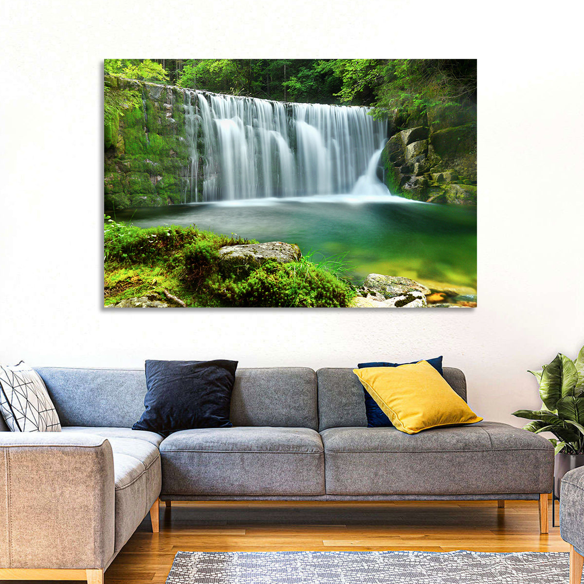 Emerald Forest Waterfall with Mossy Stones Wall Art in a room, landscape
