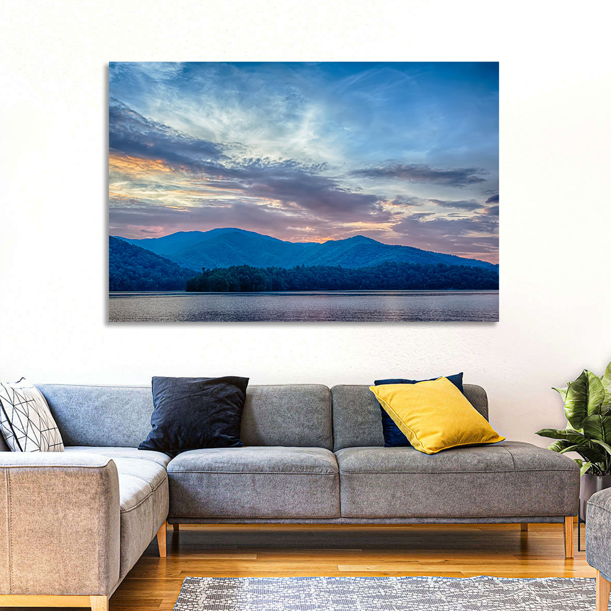 Lake Santeetlah Sunset Glow Wall Art in a room, landscape
