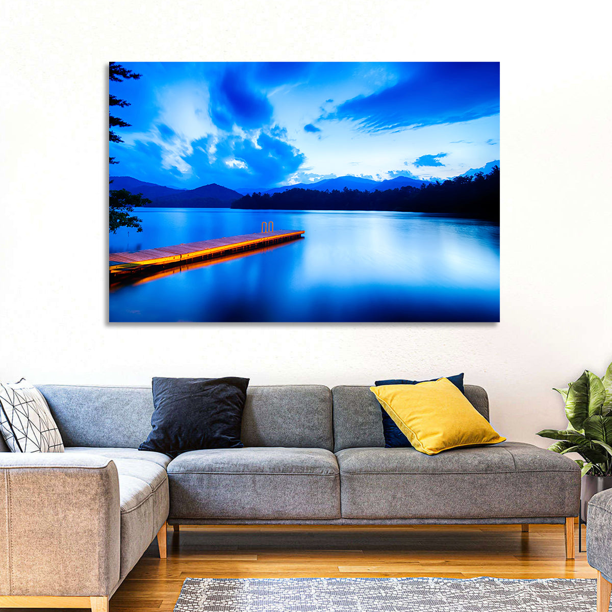 Lake Santeetlah Pier at Dusk Wall Art in a room, landscape