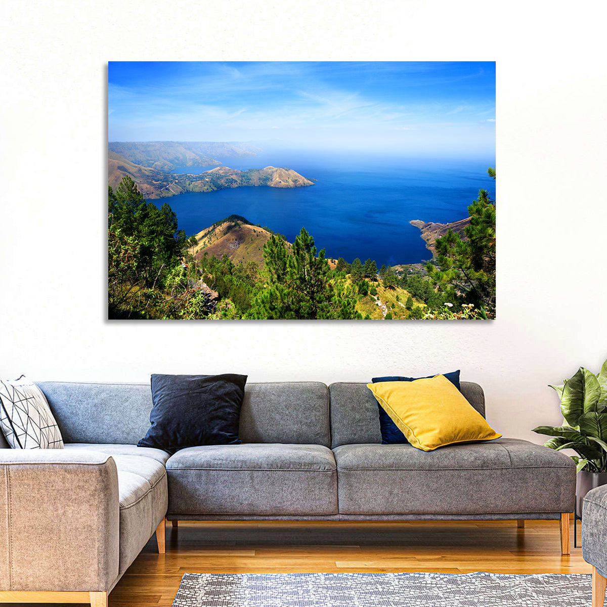 Lake Toba Aerial View Wall Art in a room, landscape