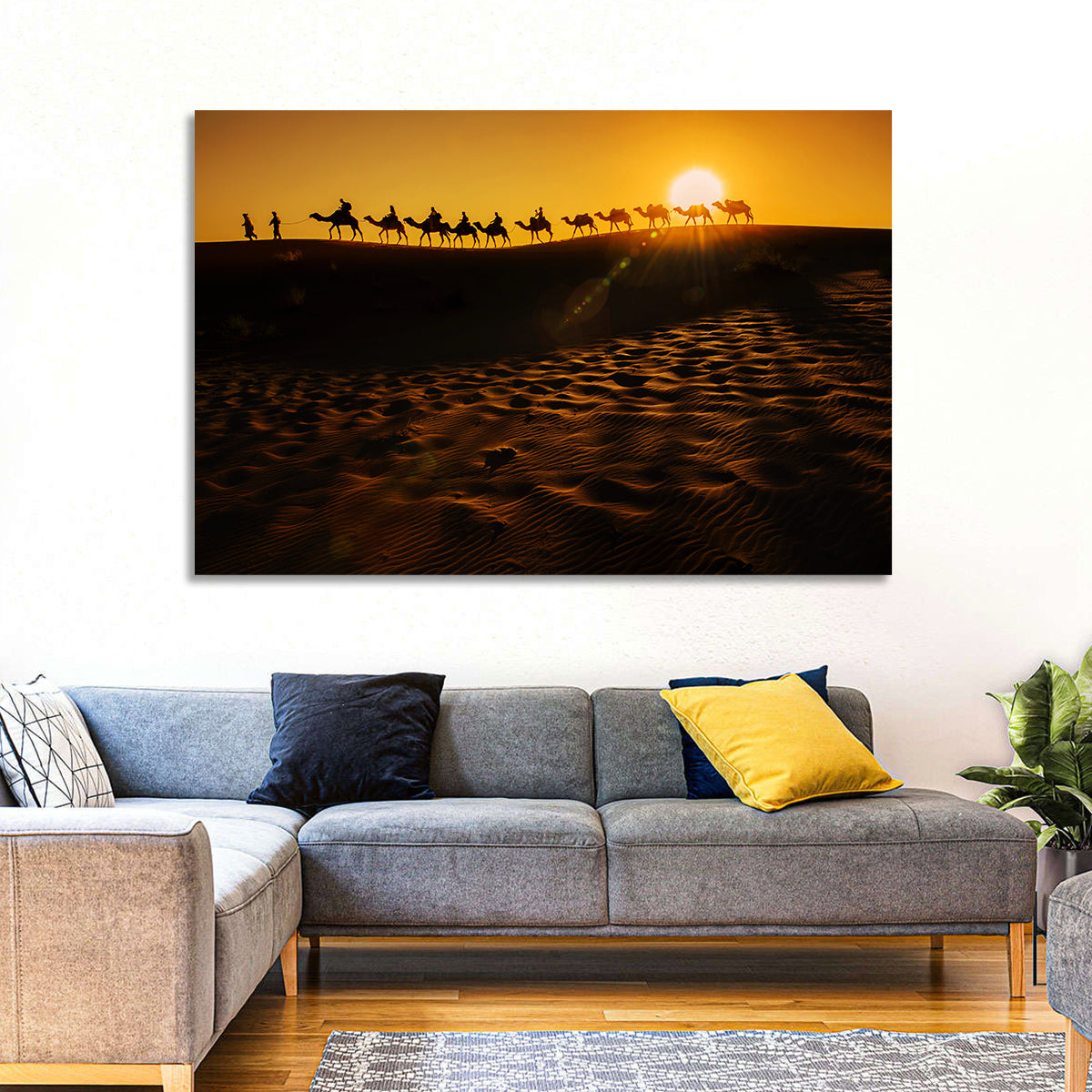 Camel Caravan Silhouette at Golden Sunset Wall Art in a room, landscape