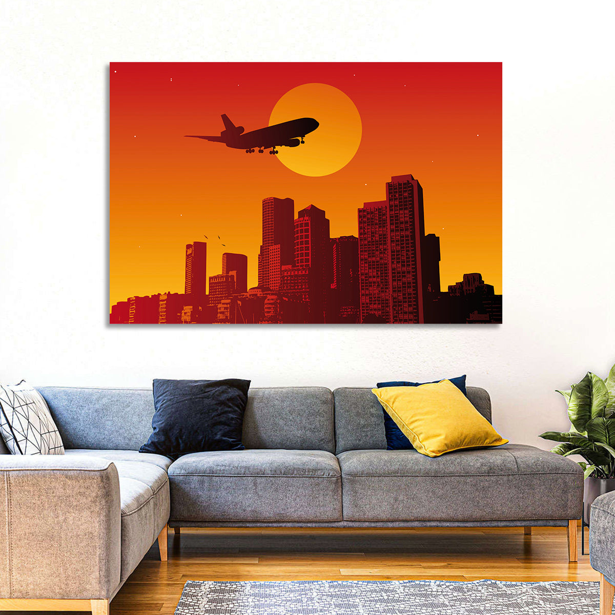Tri Jet Sunset Skyline Wall Art in a room, landscape
