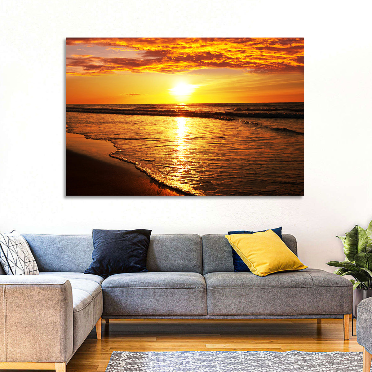 Golden Thai Beach Sunset Wall Art in a room, landscape