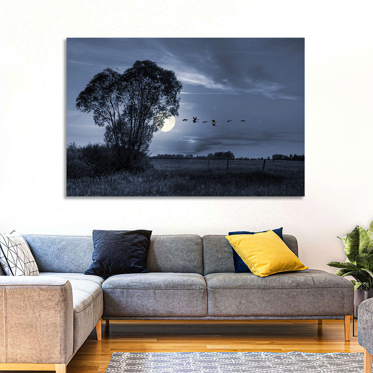 Moonlit Birds Over Quiet Field Wall Art in a room, landscape