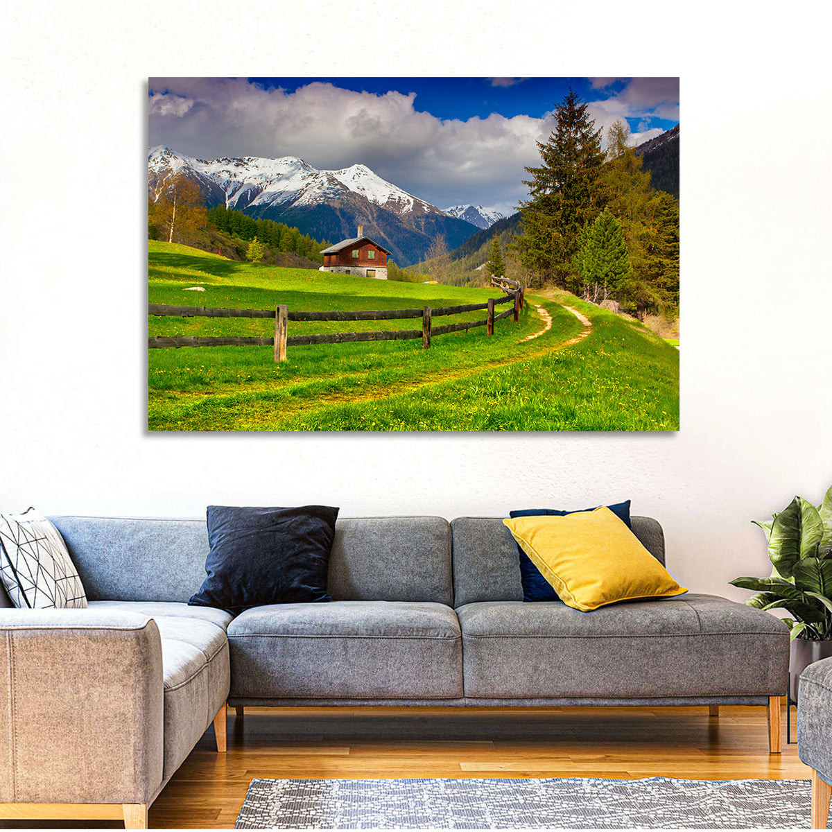 Alpine Meadow Cabin, Swiss Alps Wall Art in a room, landscape