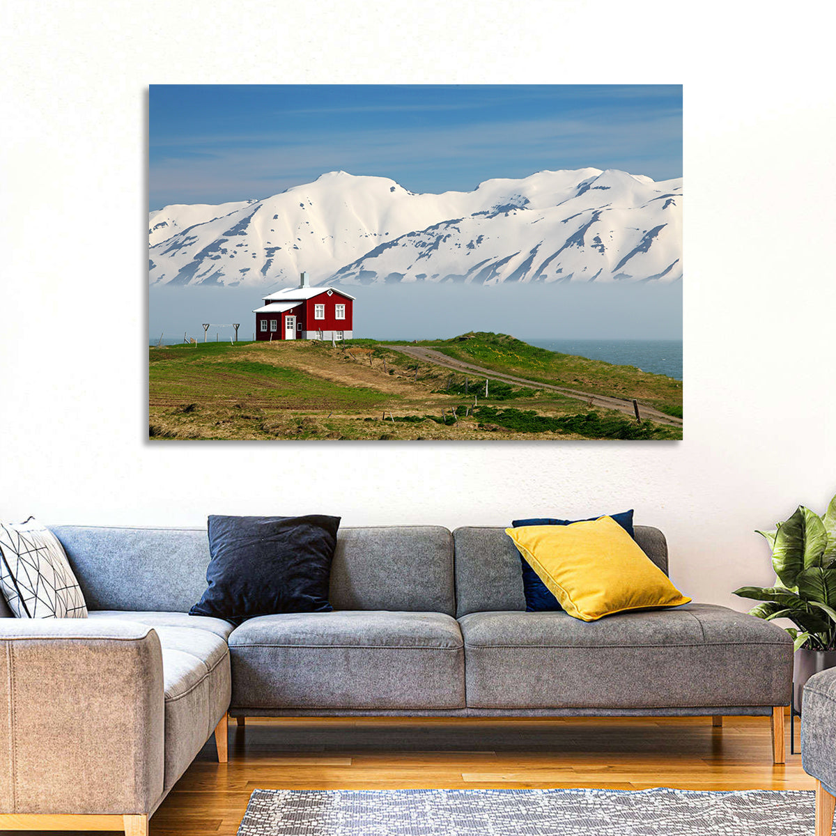 Red House by Fjord Wall Art in a room, landscape