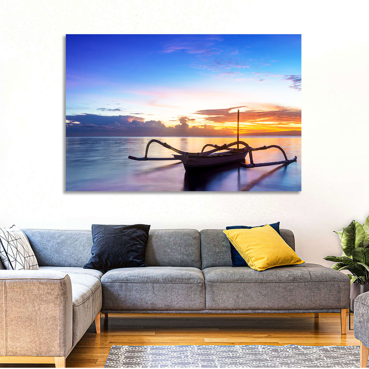 Jukung Fishing Boat at Sunset Wall Art in a room, landscape