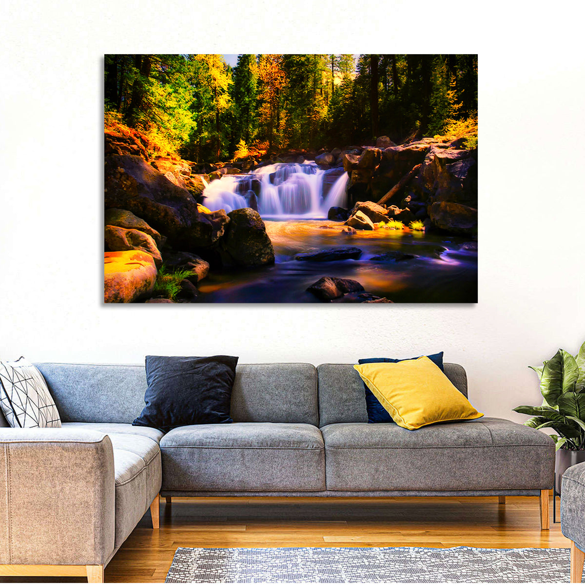 Autumn Mountain Waterfall Wall Art in a room, landscape