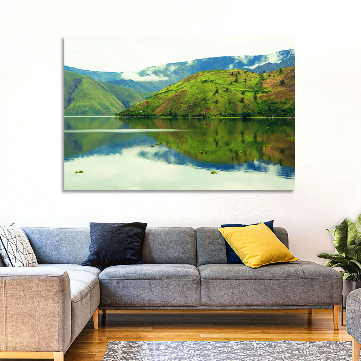 Lake Toba Reflection Wall Art in a room, landscape