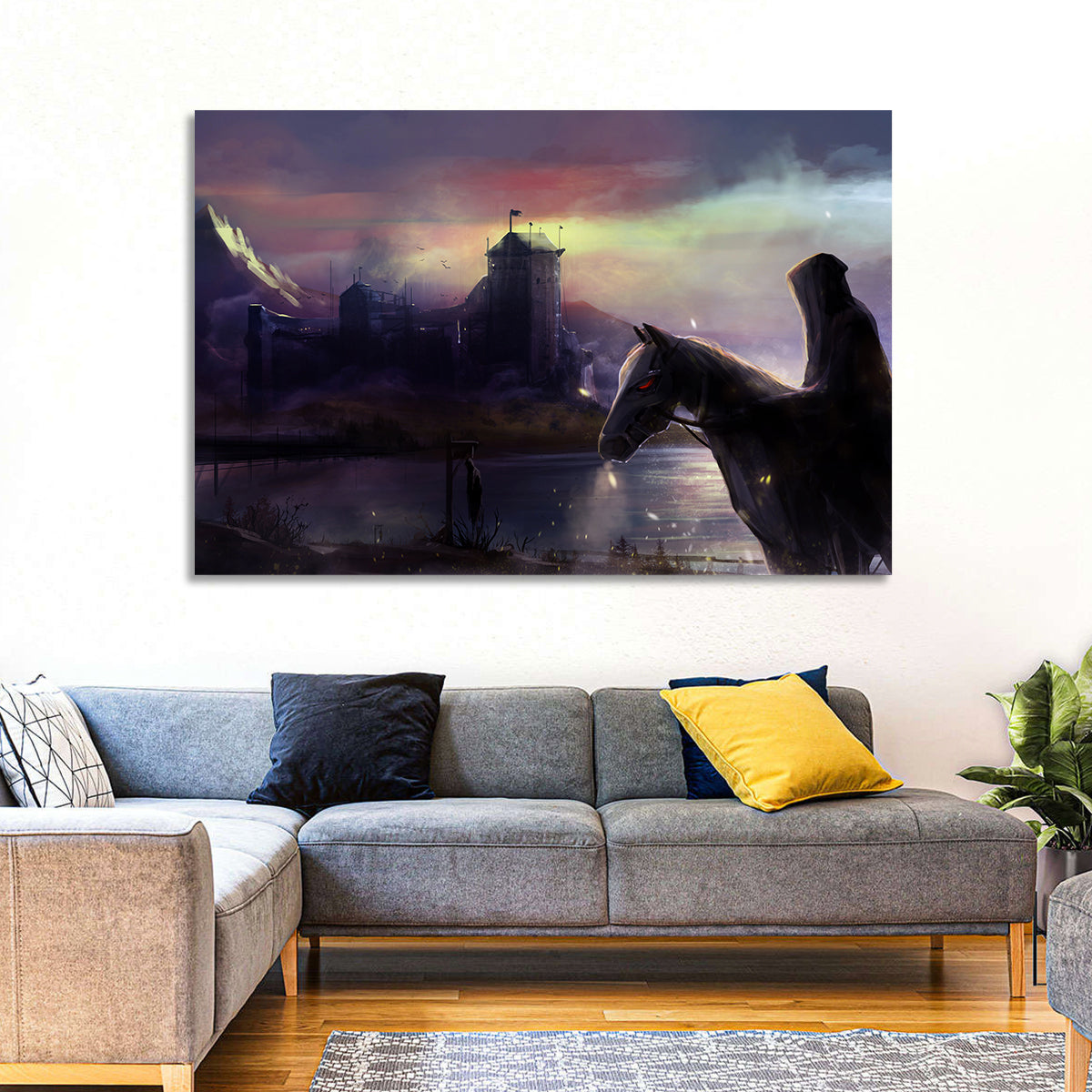Horseman at Dusk by Misty Castle Wall Art in a room, landscape