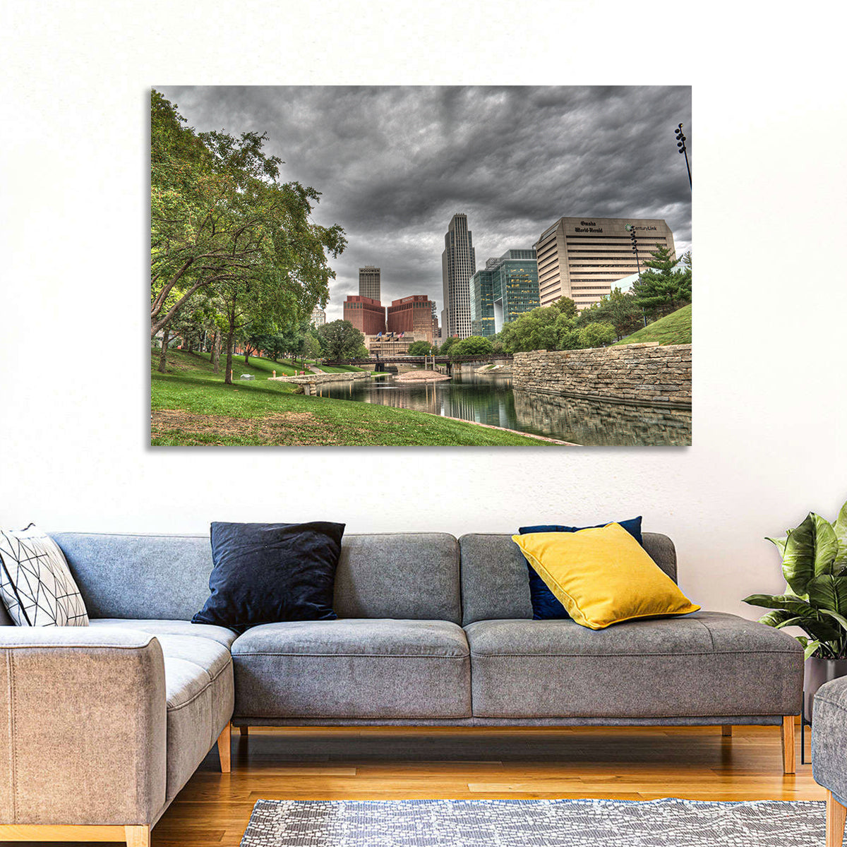 Omaha Skyline at Gene Leahy Mall Wall Art in a room, landscape