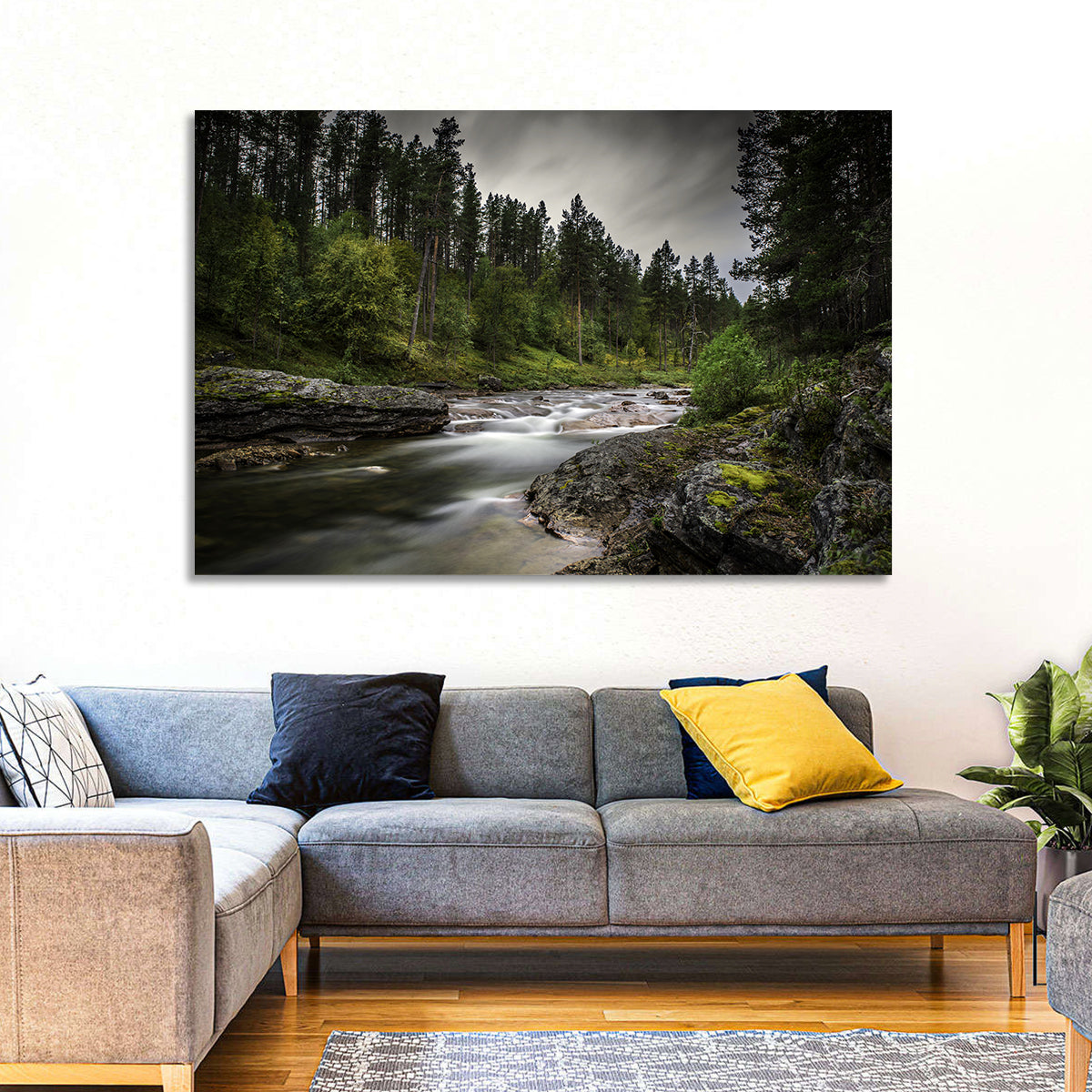 Mossy Forest Stream Wall Art in a room, landscape
