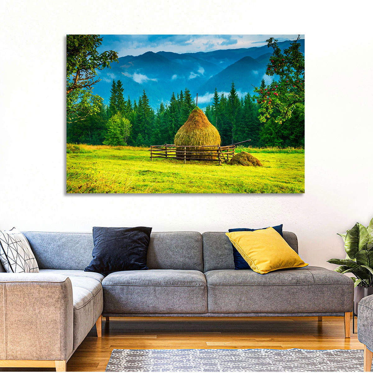 Haystack in Mountain Meadow Wall Art in a room, landscape