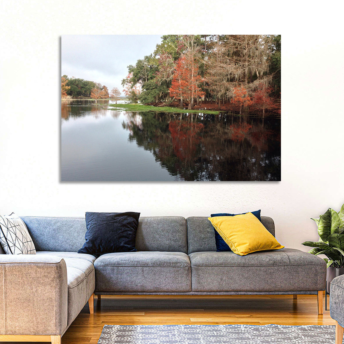 Autumn Lake Reflection Wall Art in a room, landscape