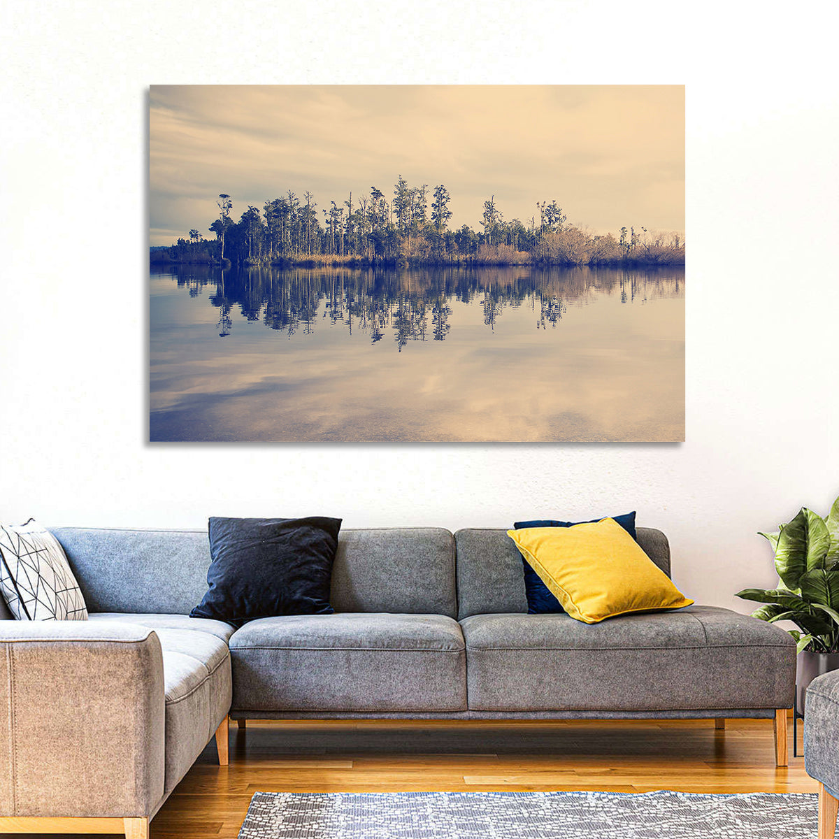Sunset Over Forest Lake Wall Art in a room, landscape
