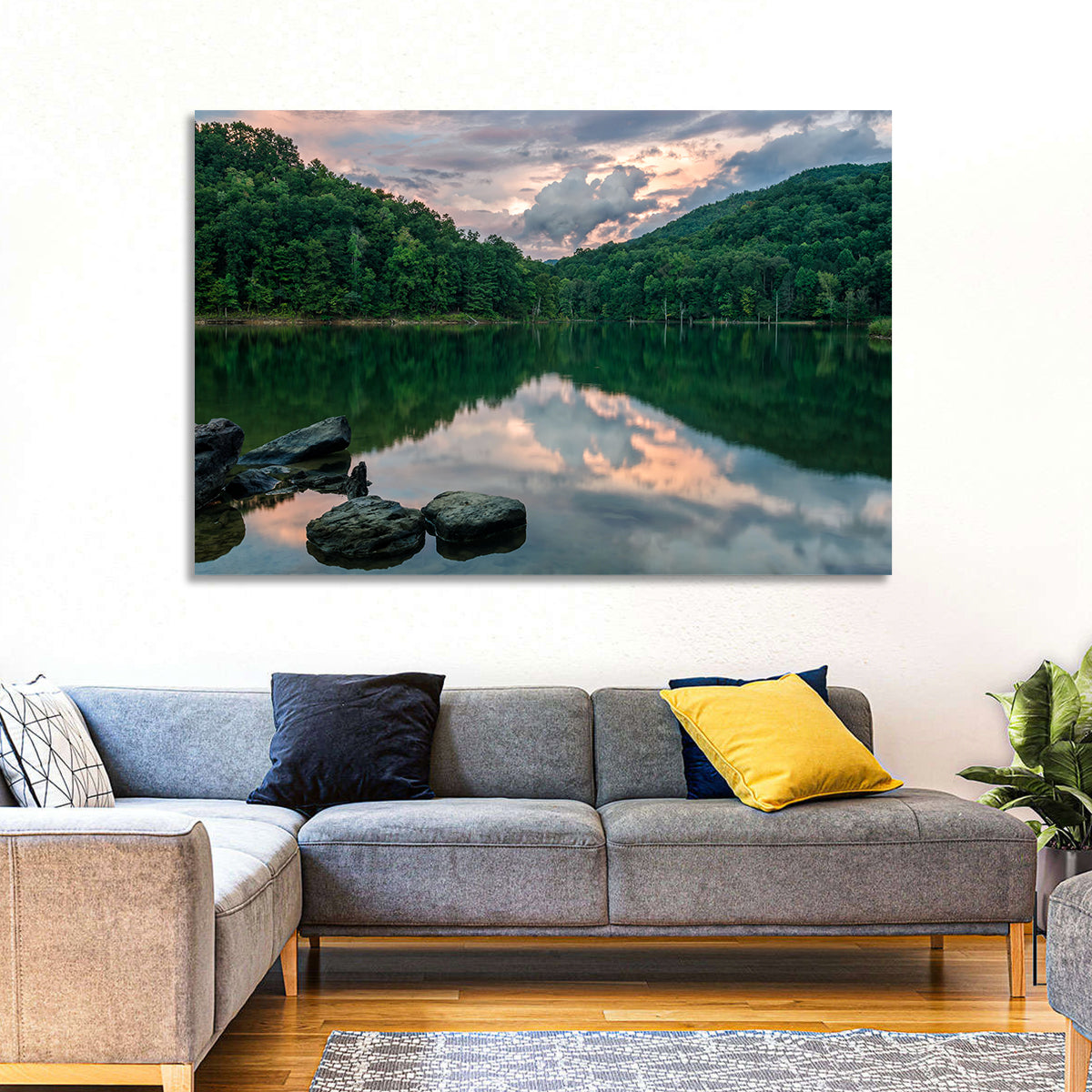 Martins Fork Lake Sunset Wall Art in a room, landscape