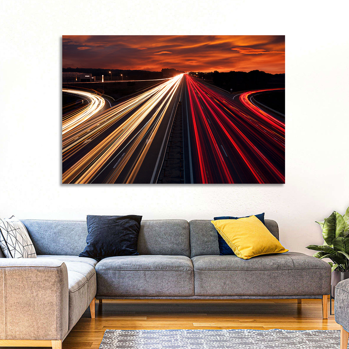Sunset Highway Light Trails Wall Art in a room, landscape