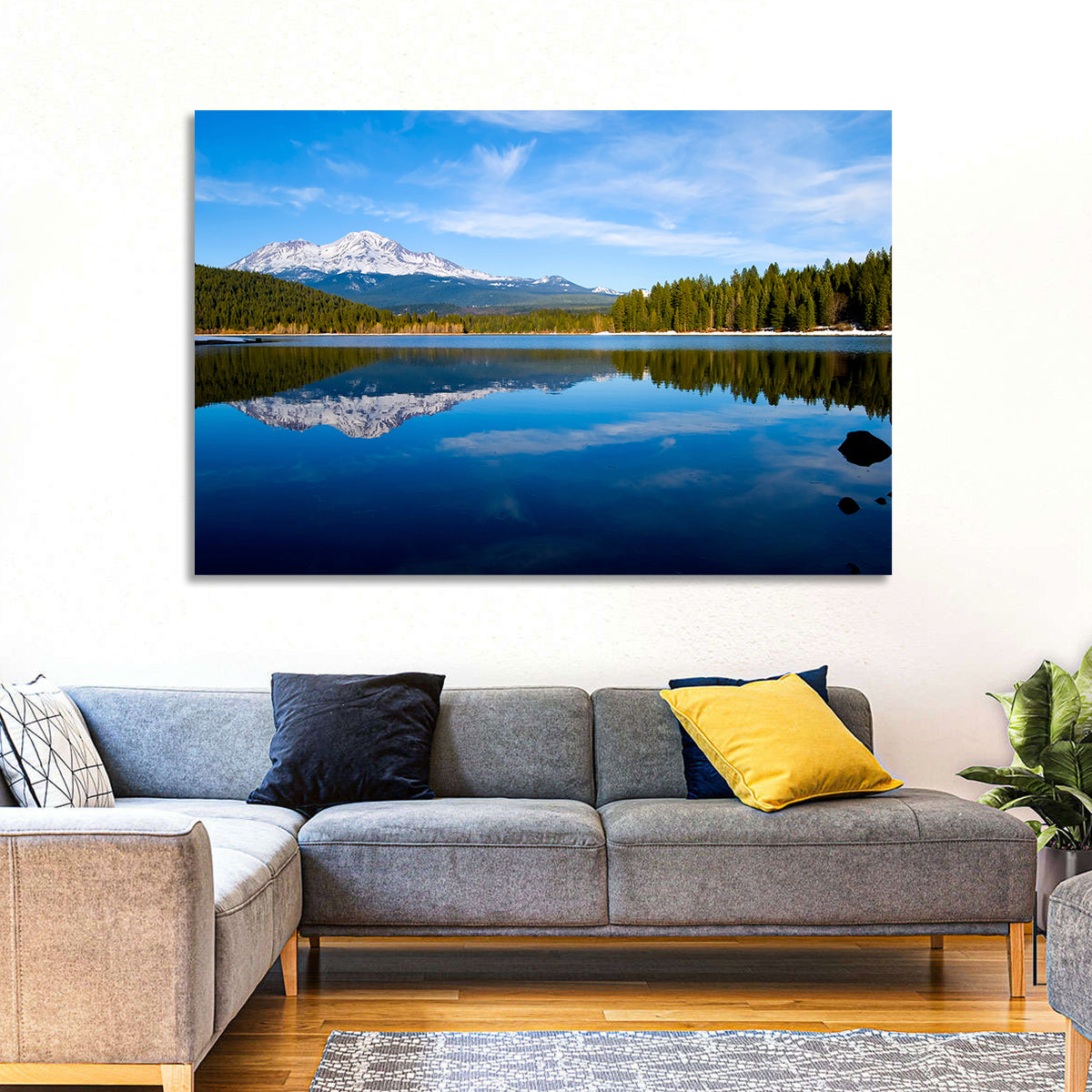 Northern California Snow Capped Lake Wall Art in a room, landscape
