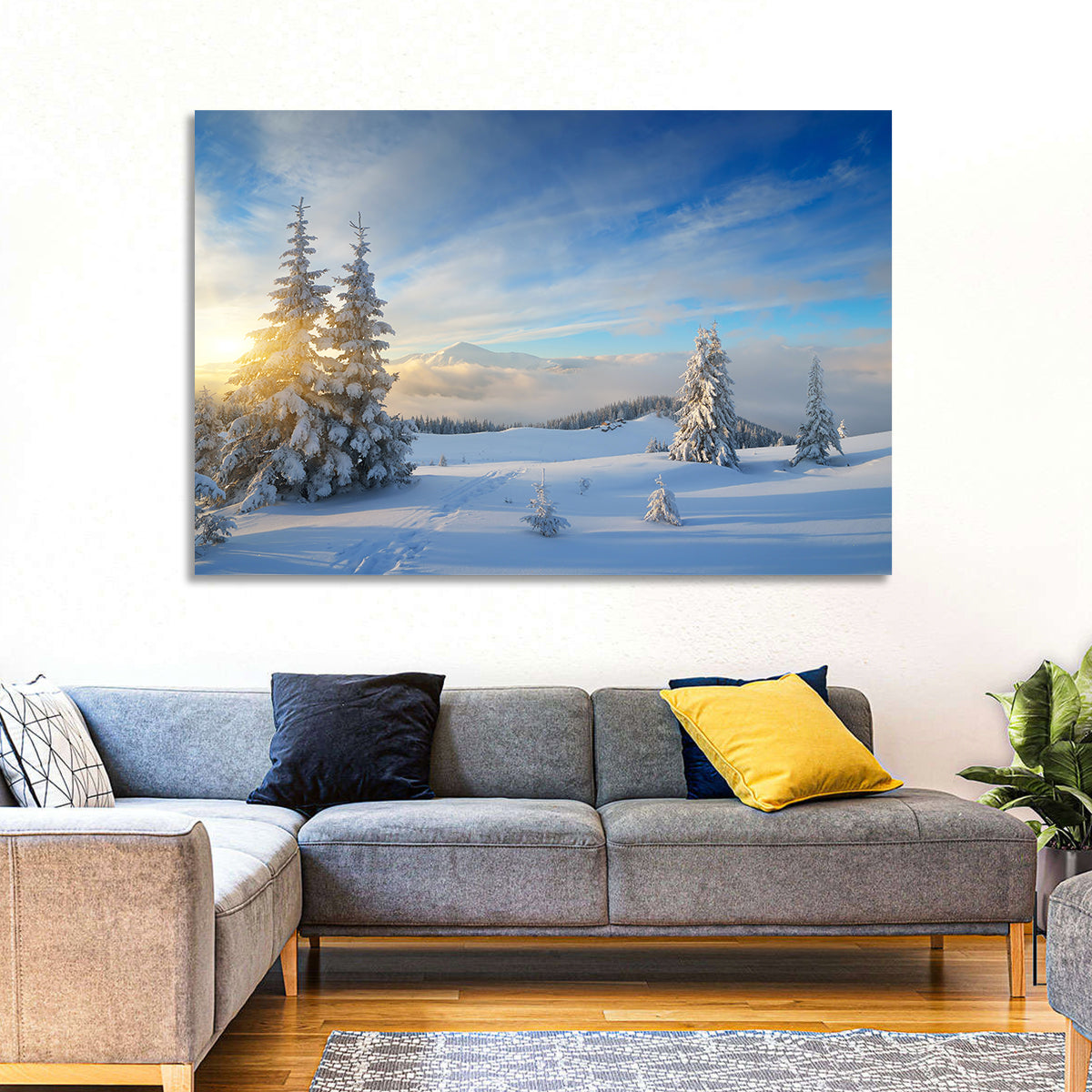 Carpathian Winter Sunrise Wall Art in a room, landscape