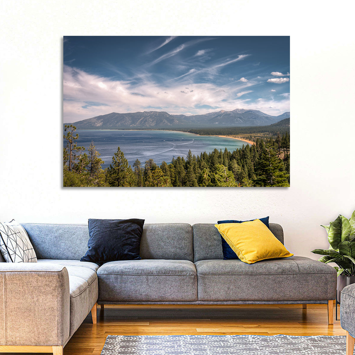 Pines Above a Blue Lake Wall Art in a room, landscape