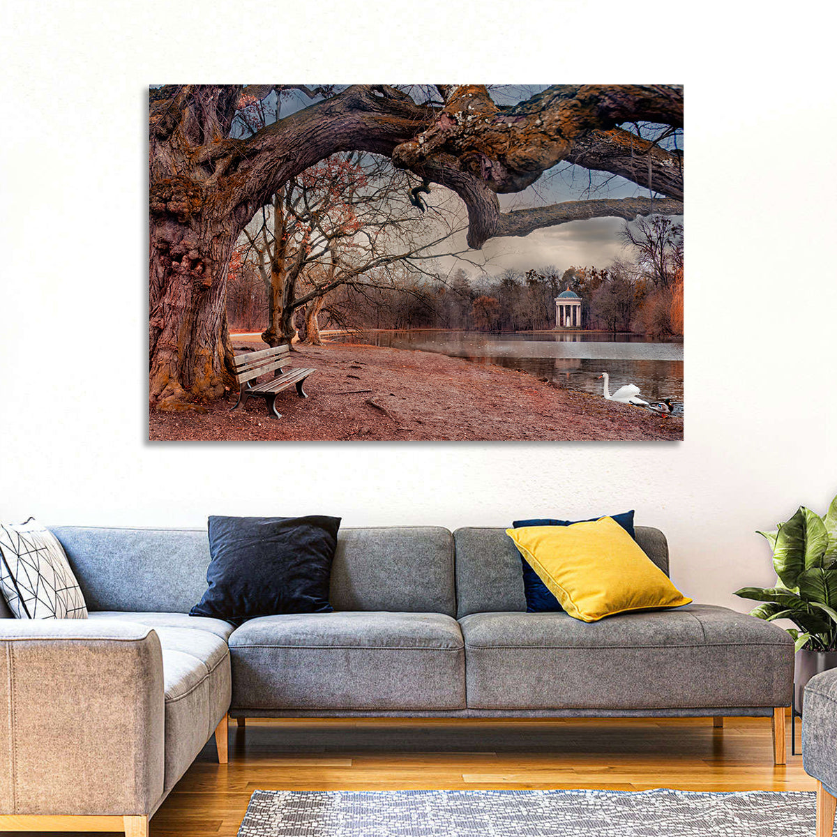 Autumn Pavilion with Swan Wall Art in a room, landscape