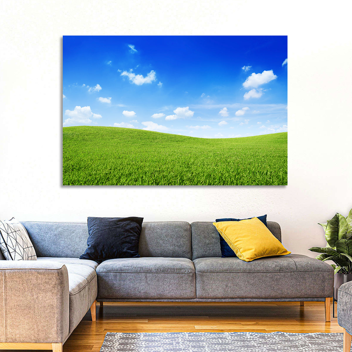 Rolling Green Meadow Under Blue Sky Wall Art in a room, landscape